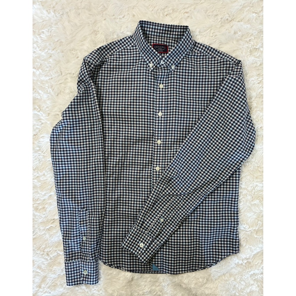 UNTUCKit Slim Fit Wrinkle Free Gingham Button Down Shirt Navy Blue Mens Small